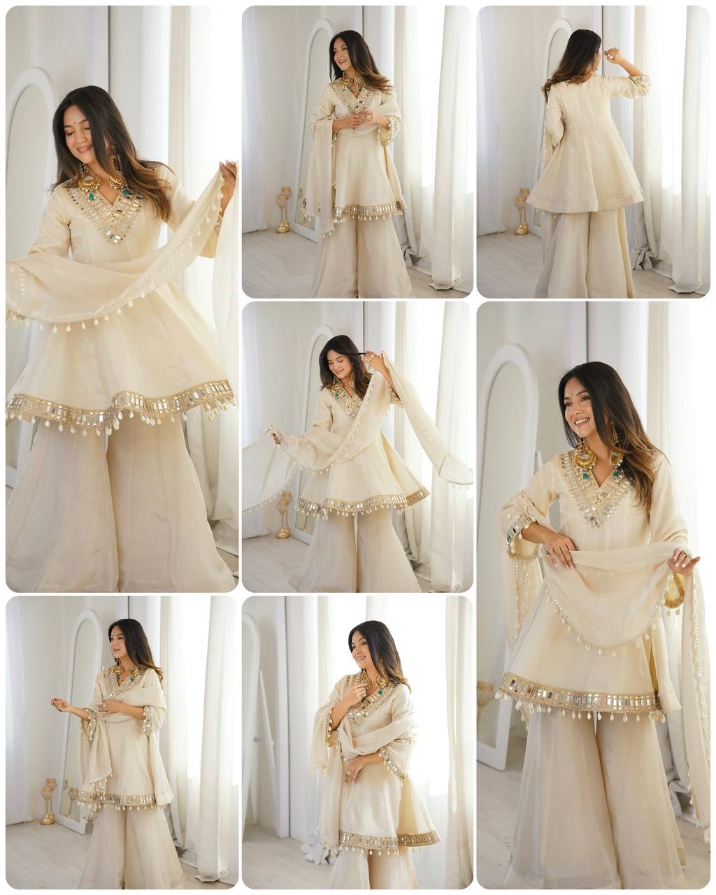 Premium Real Mirror Work Chinon Plazzo Set with Kodi Lace Dupatta for Festive and Party Wear