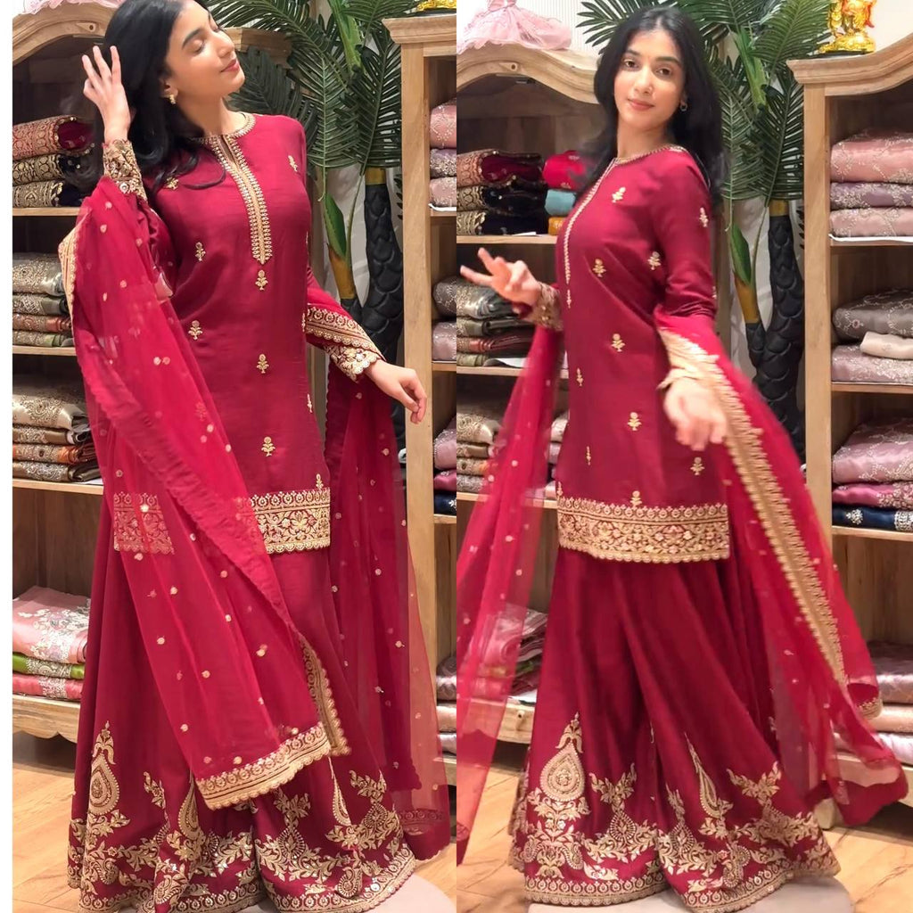 Super Red Natural Crap Embroider Work Salwar Suit
