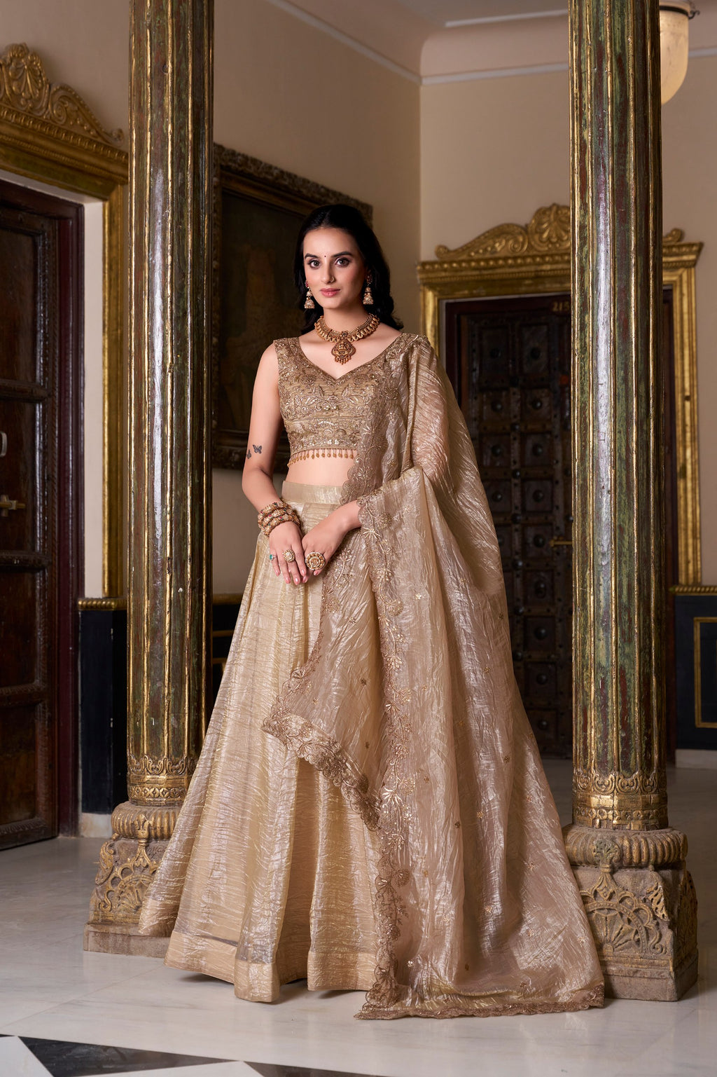 Chikoo Color Gold Crush Lehenga Choli