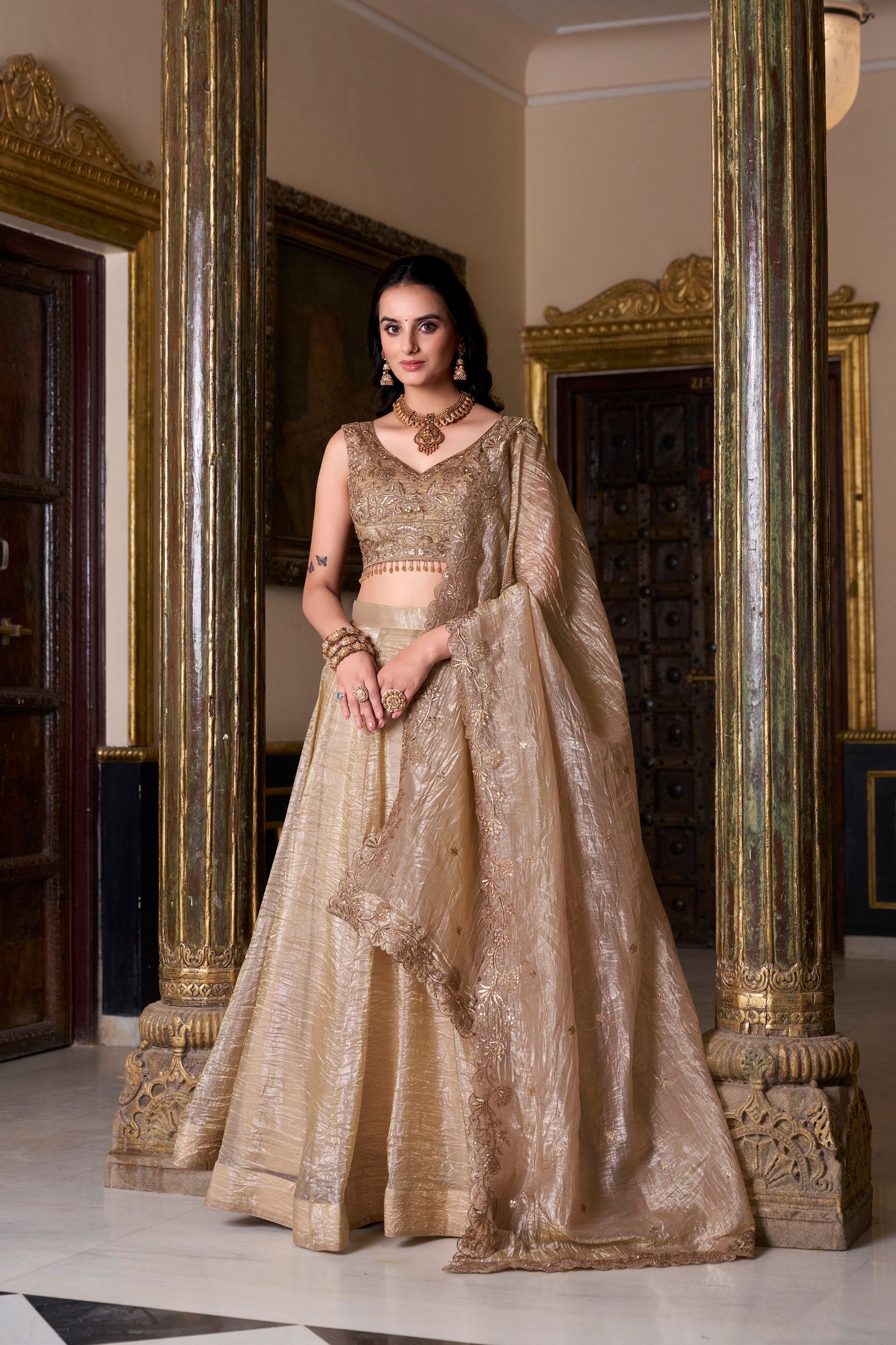 Chikoo Color Gold Crush Lehenga Choli