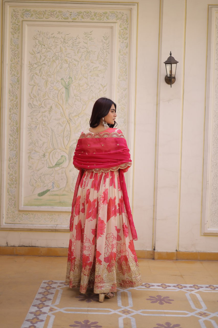 Beautiful Cream Floral Printed Silk Engagement Wear Anarkali Gown