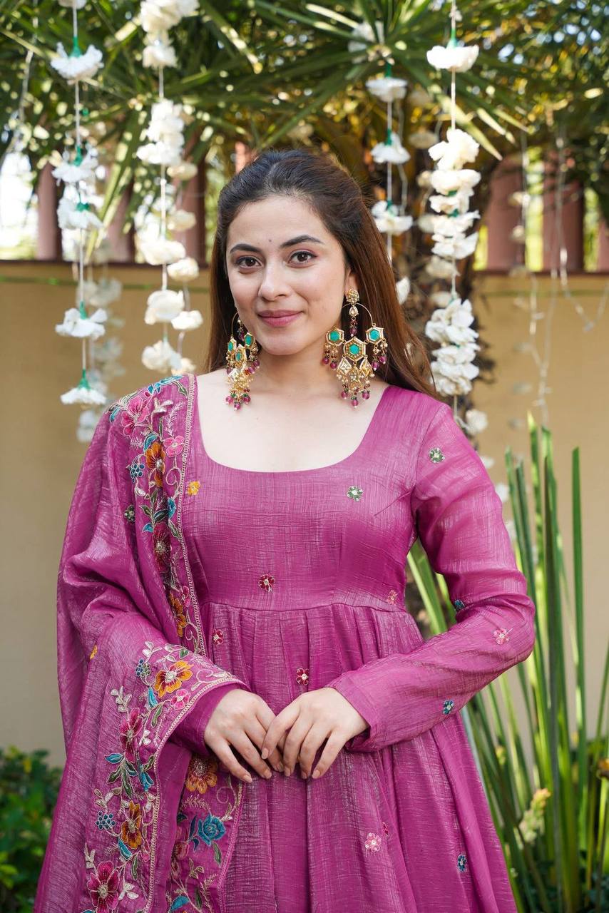 Rose Pink Designer Soft Crunchy Silk Embroidered Gown Set with Sequins Work & Matching Dupatta – Fully Stitched Festive & Party Wear