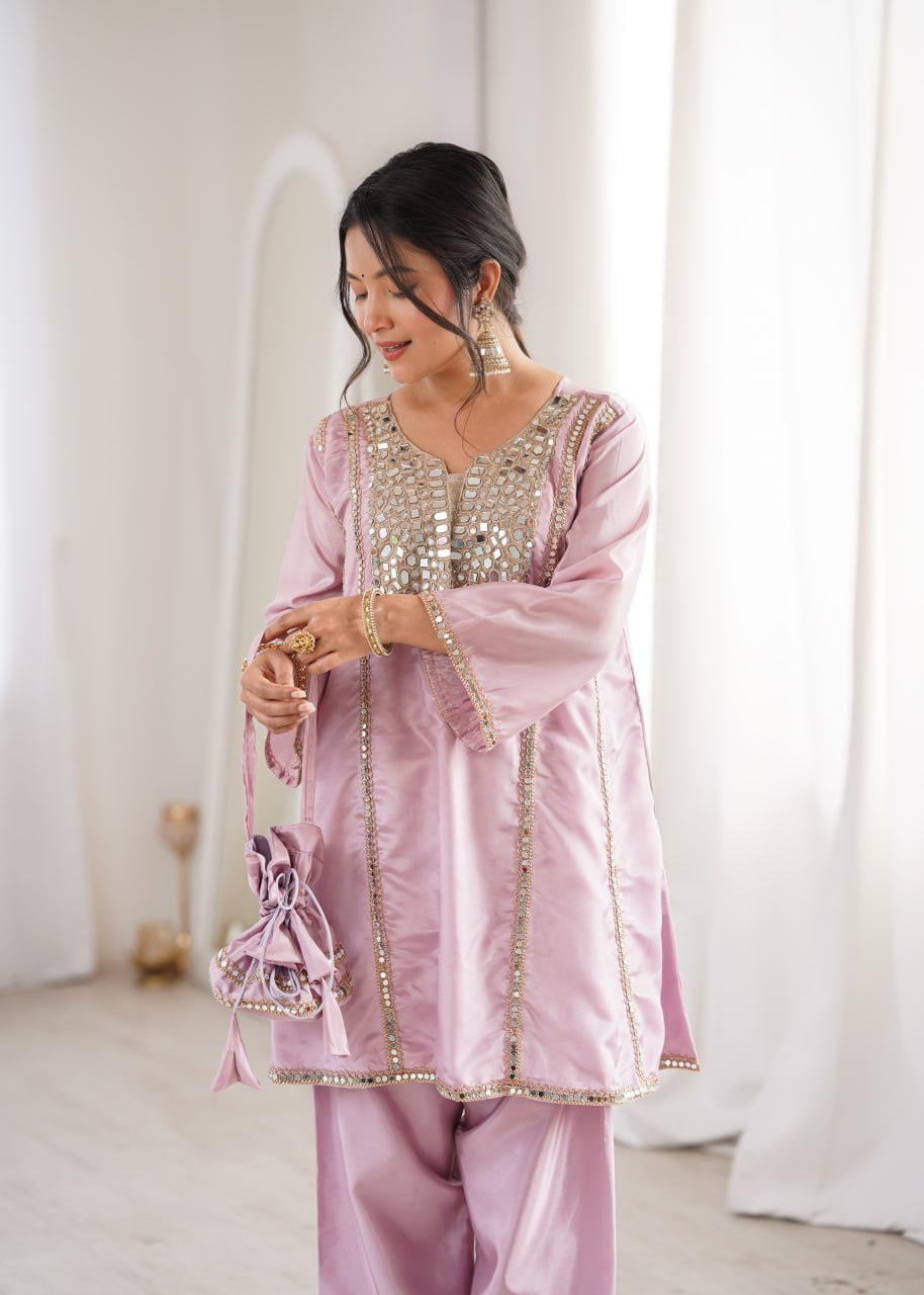 Pink Mirror Work Kurti Pant Set & Batwa