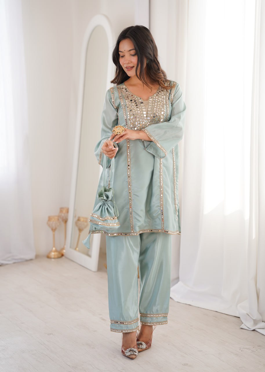 New Sky Blue Mirror Work Kurti Pant Set & Batwa