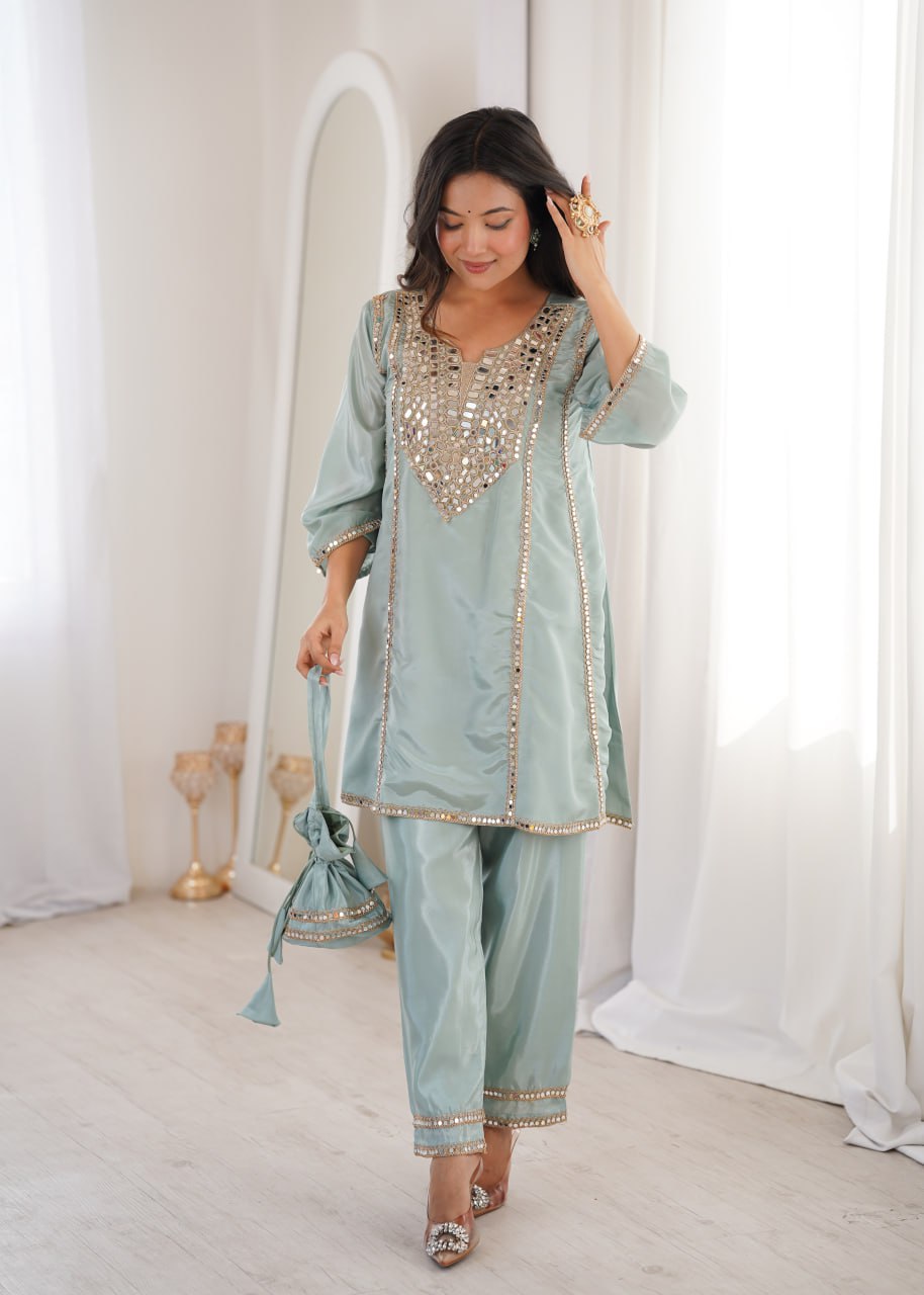 New Sky Blue Mirror Work Kurti Pant Set & Batwa