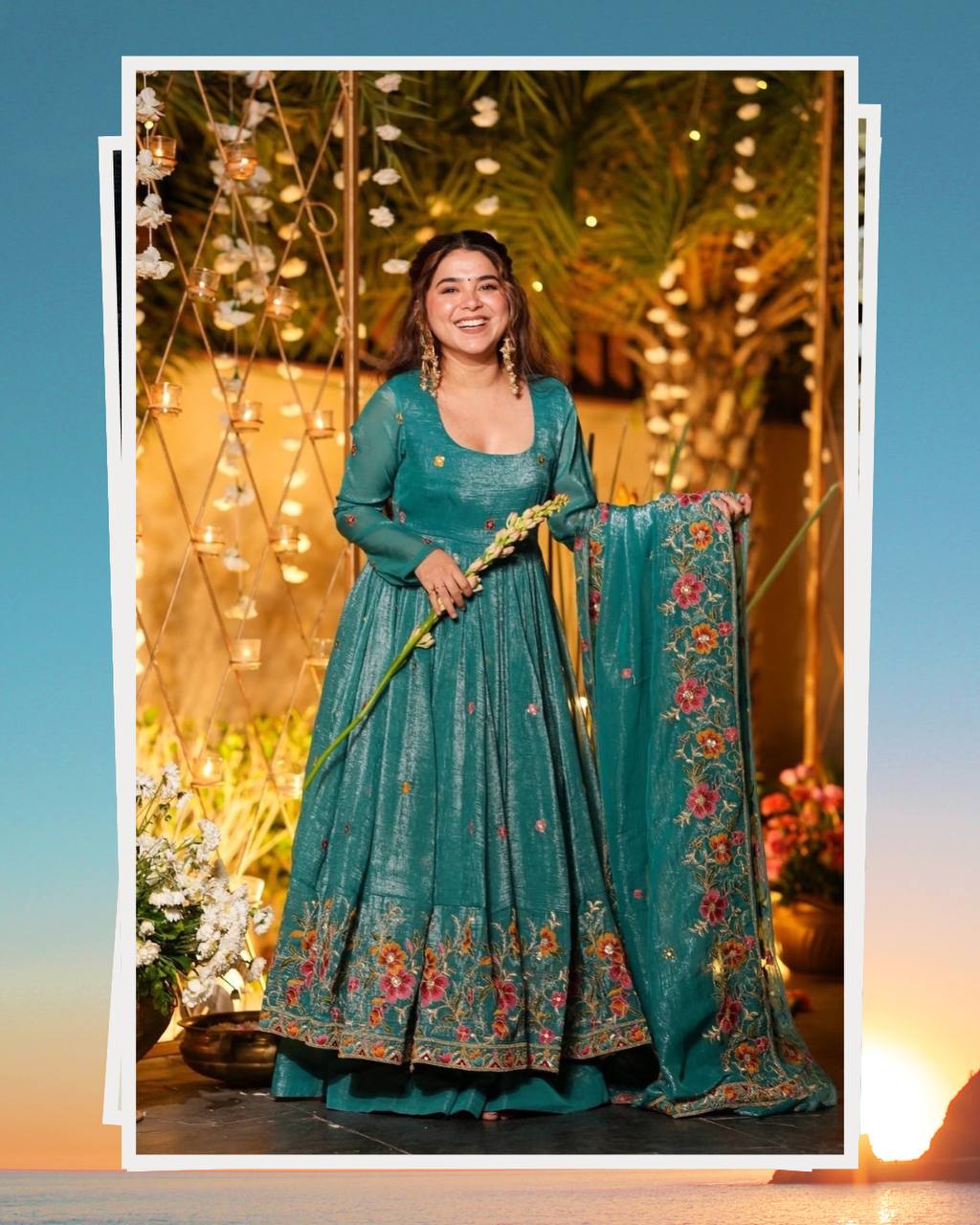 Rama Designer Soft Crunchy Silk Embroidered Gown Set with Sequins Work & Matching Dupatta – Fully Stitched Party & Festive Wear