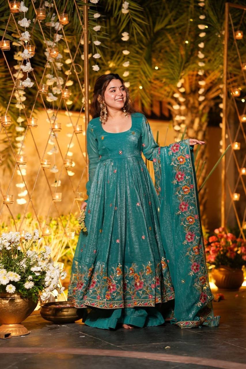 Rama Designer Soft Crunchy Silk Embroidered Gown Set with Sequins Work & Matching Dupatta – Fully Stitched Party & Festive Wear