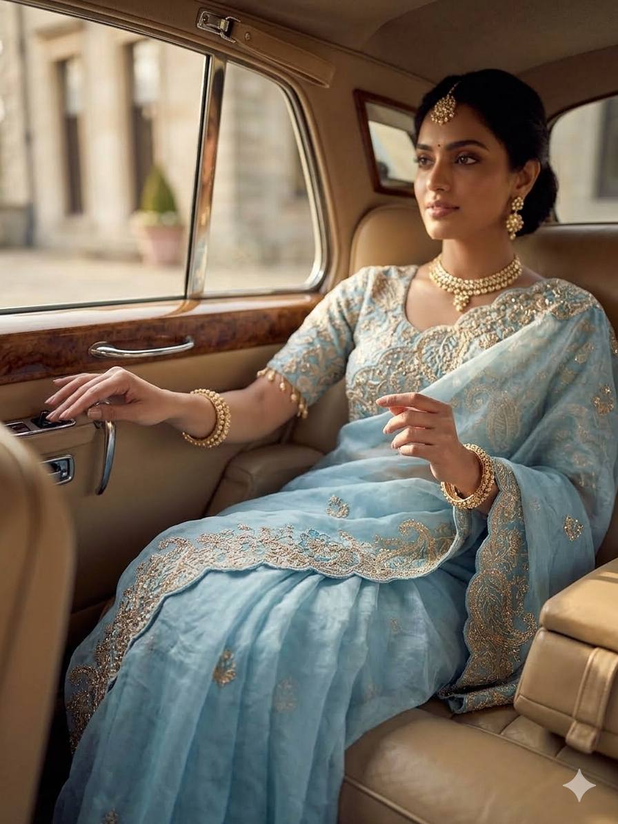 Sky Elegant Crystal Crush Tissue Saree