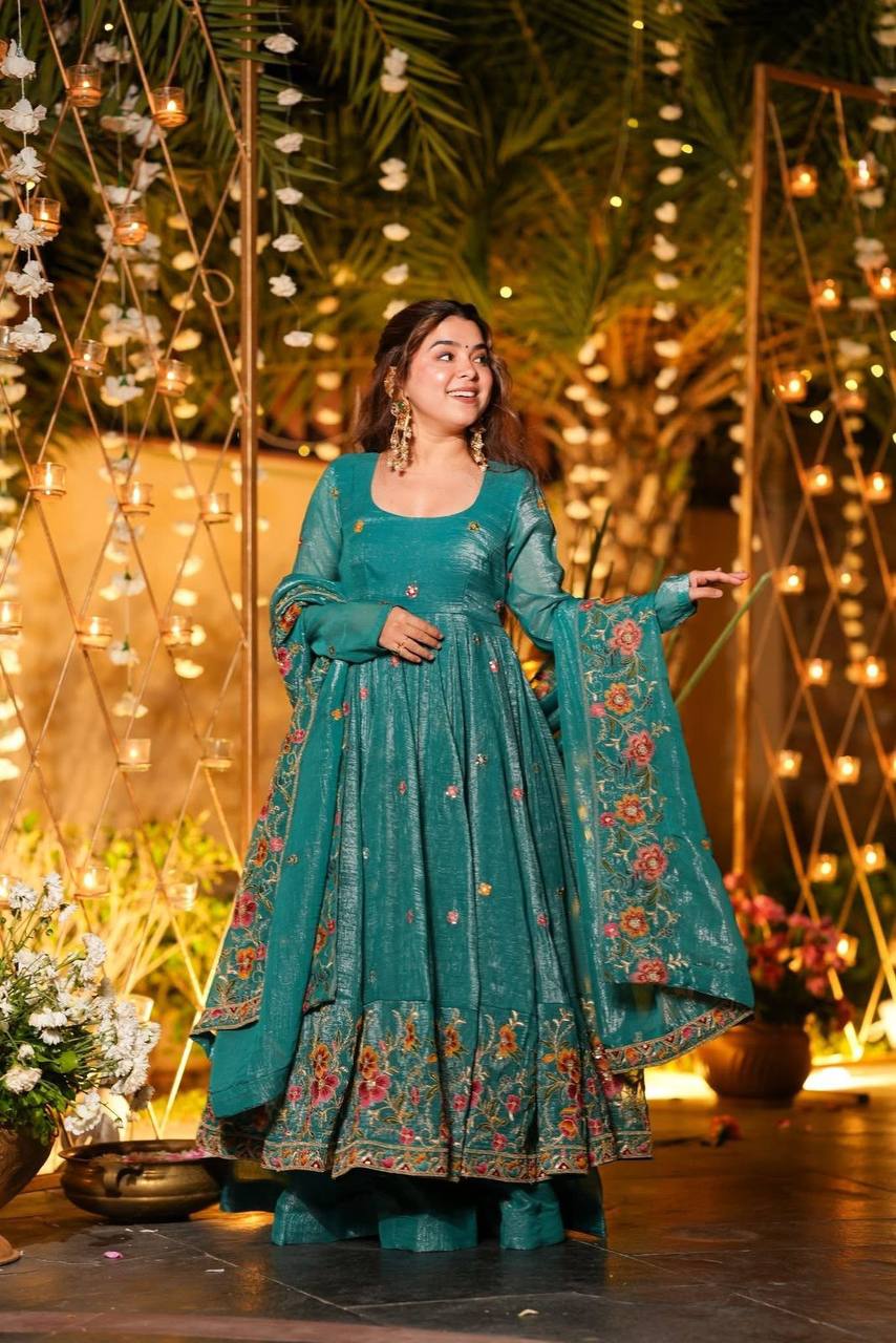 Rama Designer Soft Crunchy Silk Embroidered Gown Set with Sequins Work & Matching Dupatta – Fully Stitched Party & Festive Wear
