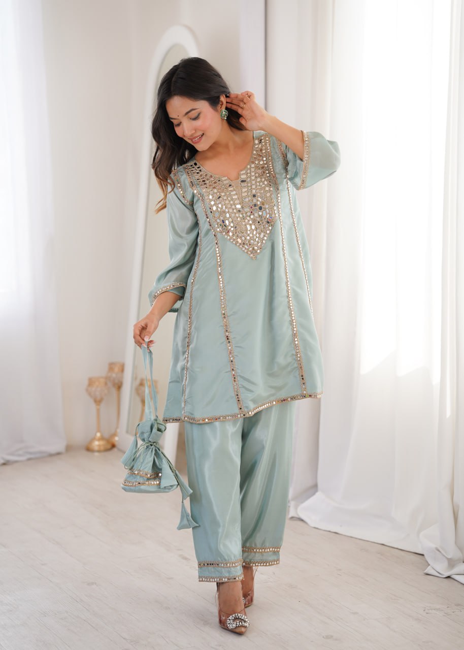 New Sky Blue Mirror Work Kurti Pant Set & Batwa