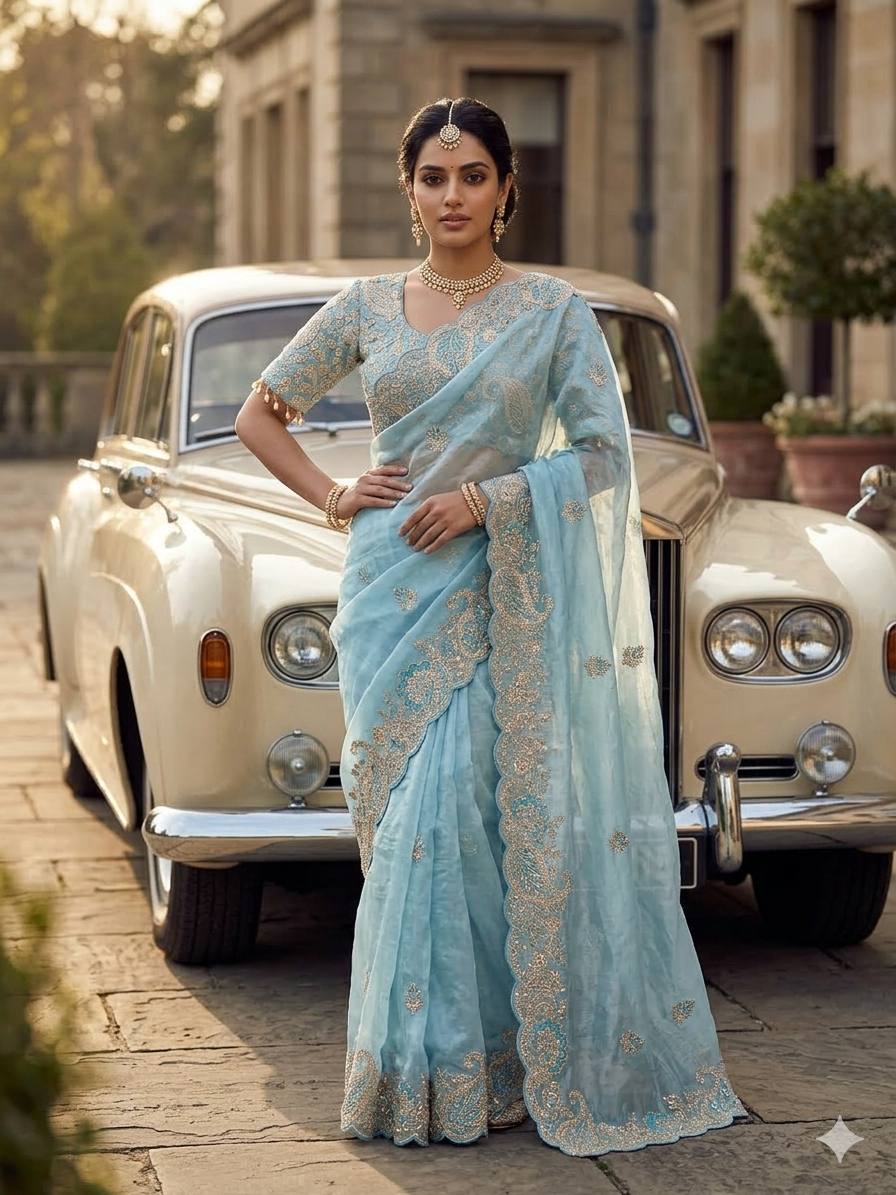 Sky Elegant Crystal Crush Tissue Saree