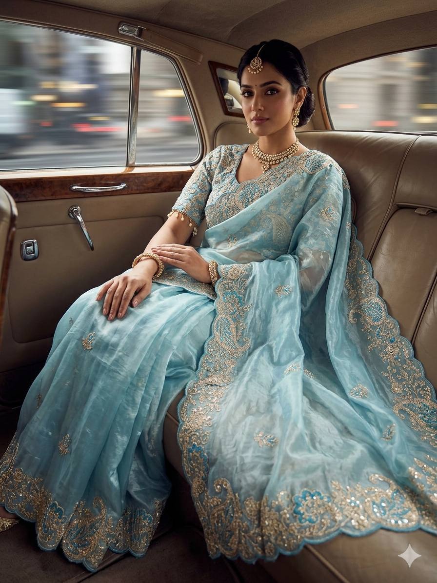 Sky Elegant Crystal Crush Tissue Saree