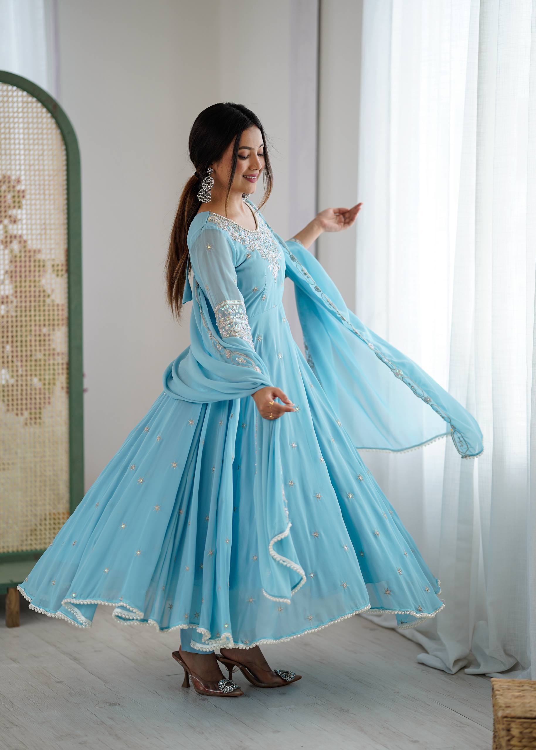 Floral Embroidered Sequinned Georgette Kurta With Palazzos & Dupatta