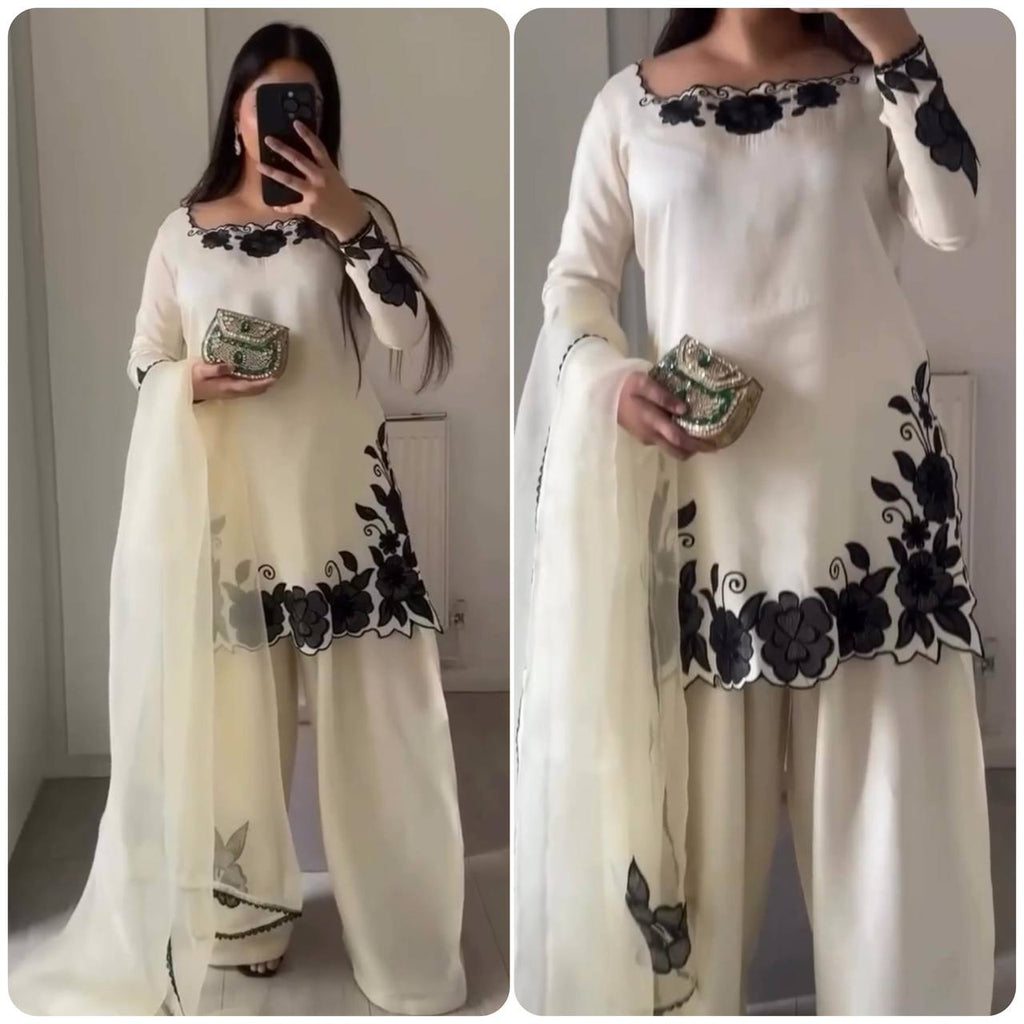 Easy Wear White Fendy Silk Embroidered Top Farshi Pant Set with Lace Dupatta