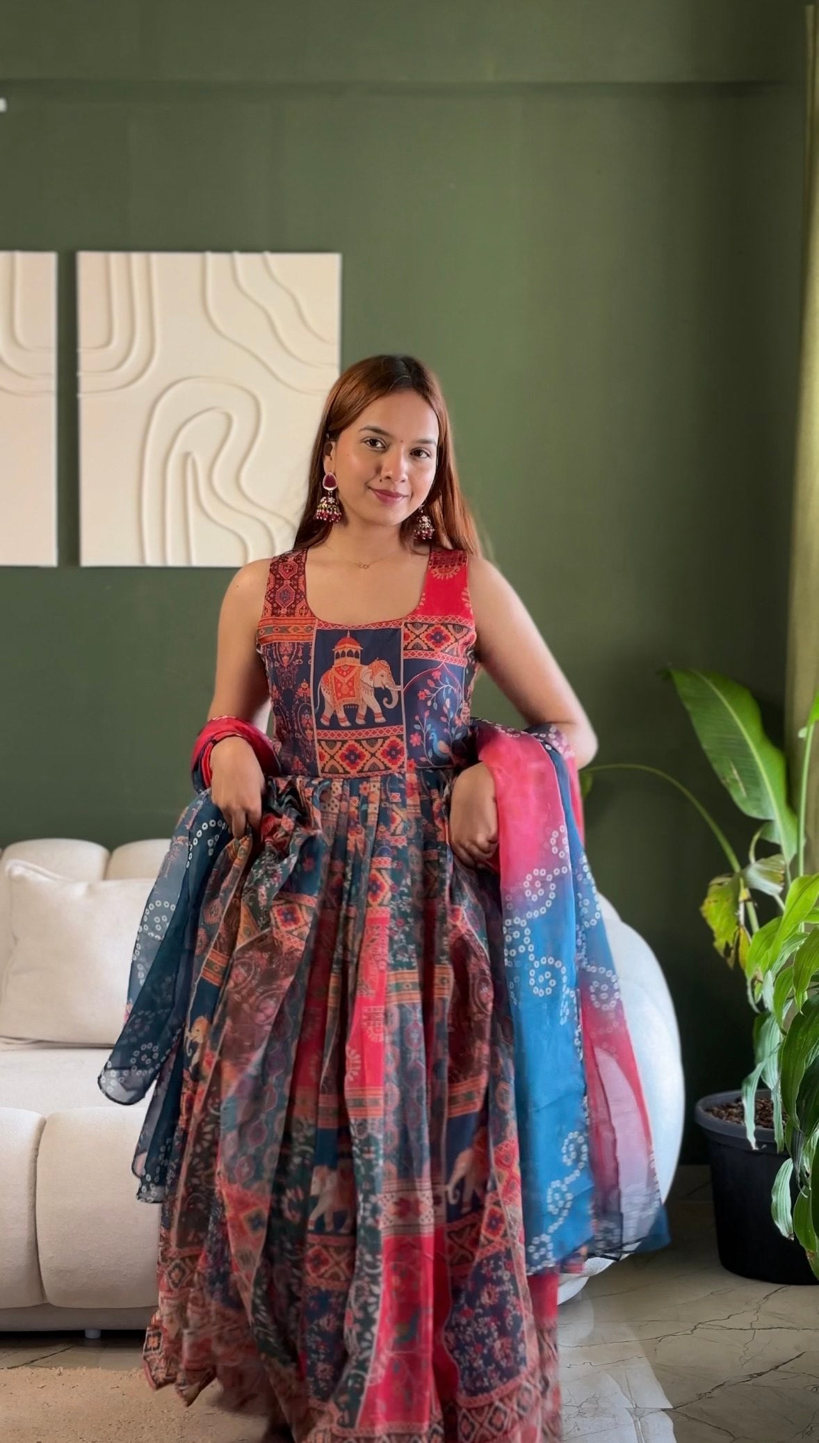 Navy Pink Patola Motif Anarkali Dress, Digital Print Ethnic Maxi with Dupatta