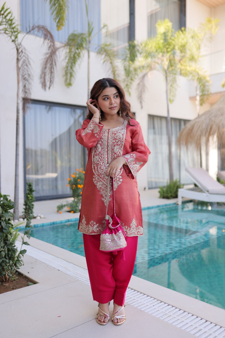 Peach Embroidered Top Pant with Batwa