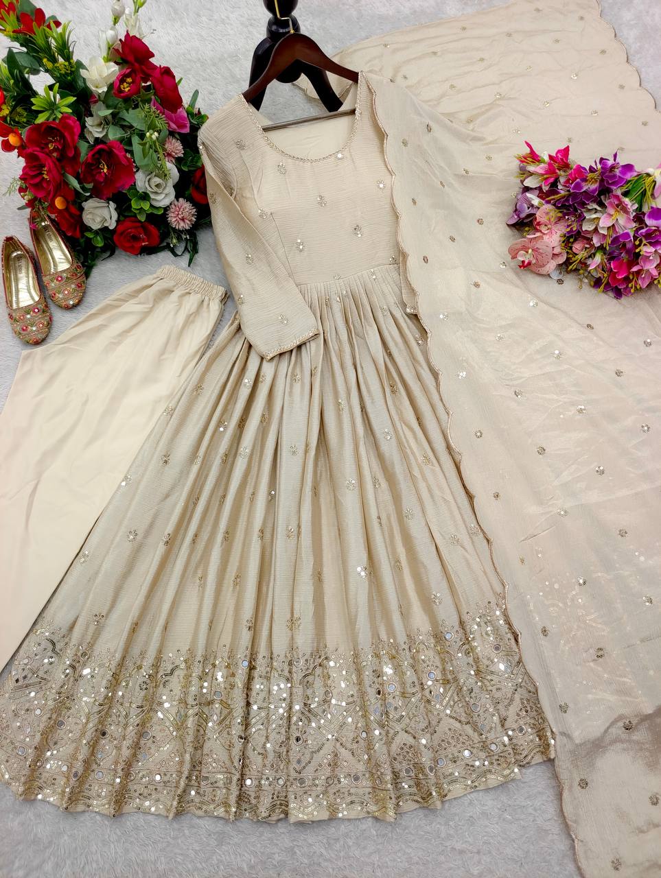 Women's Peach Faux Georgette Stitched Top With Bottom and Dupatta Full Sleeve Embroidered Anarkali Gown