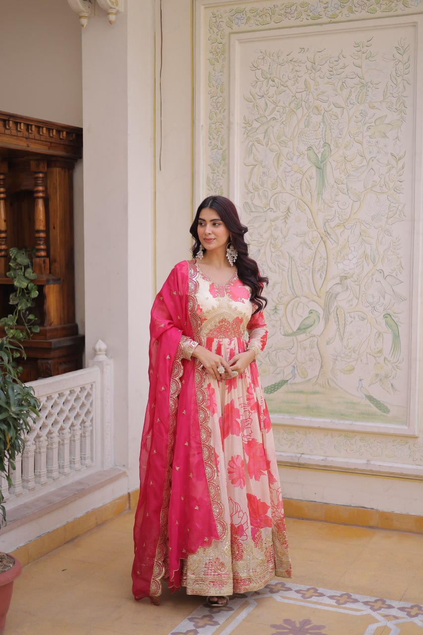 Beautiful Cream Floral Printed Silk Engagement Wear Anarkali Gown