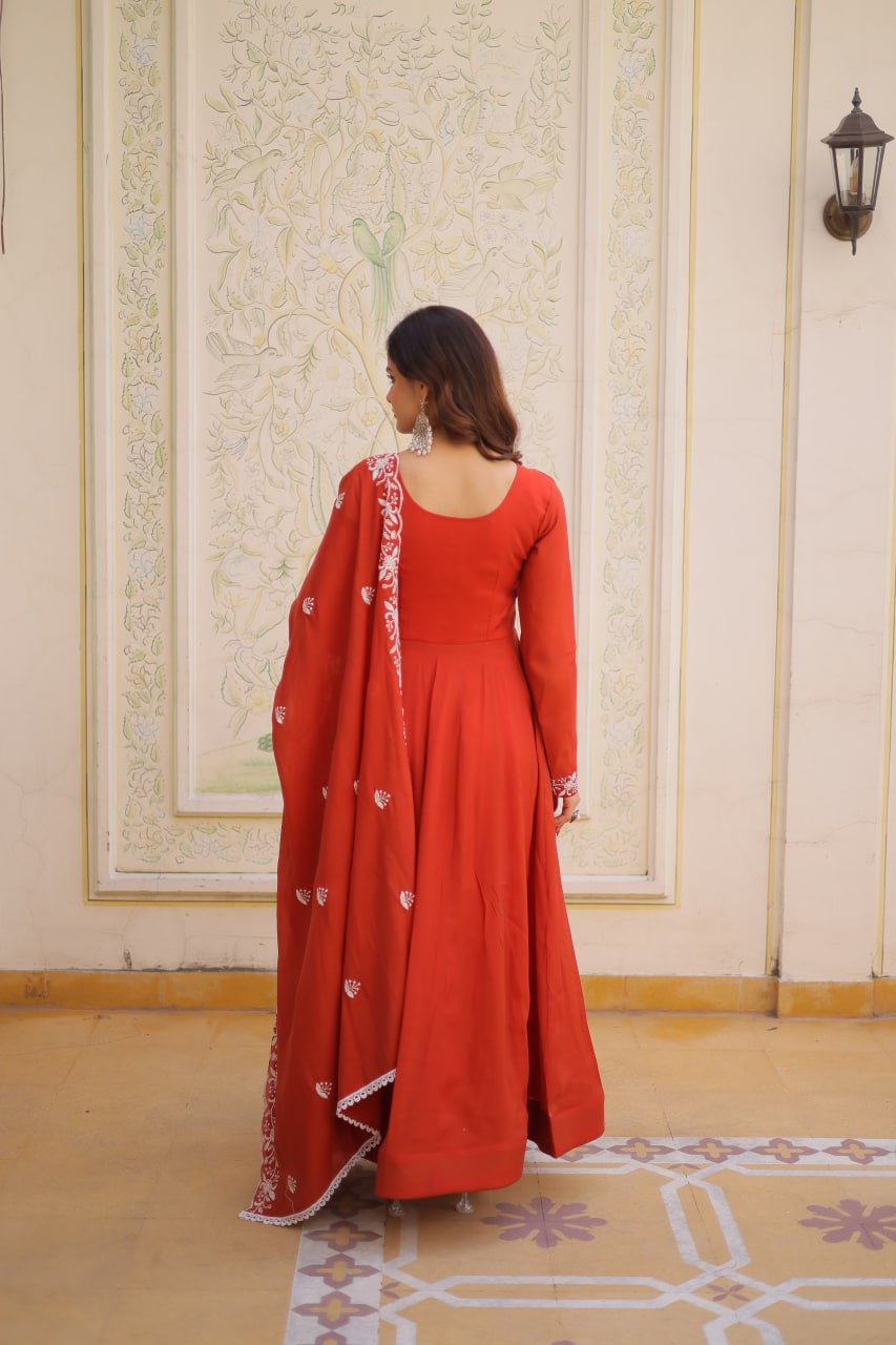 Sweet Rust Orange Bead Work Chanderi Wedding Wear Gown With Dupatta