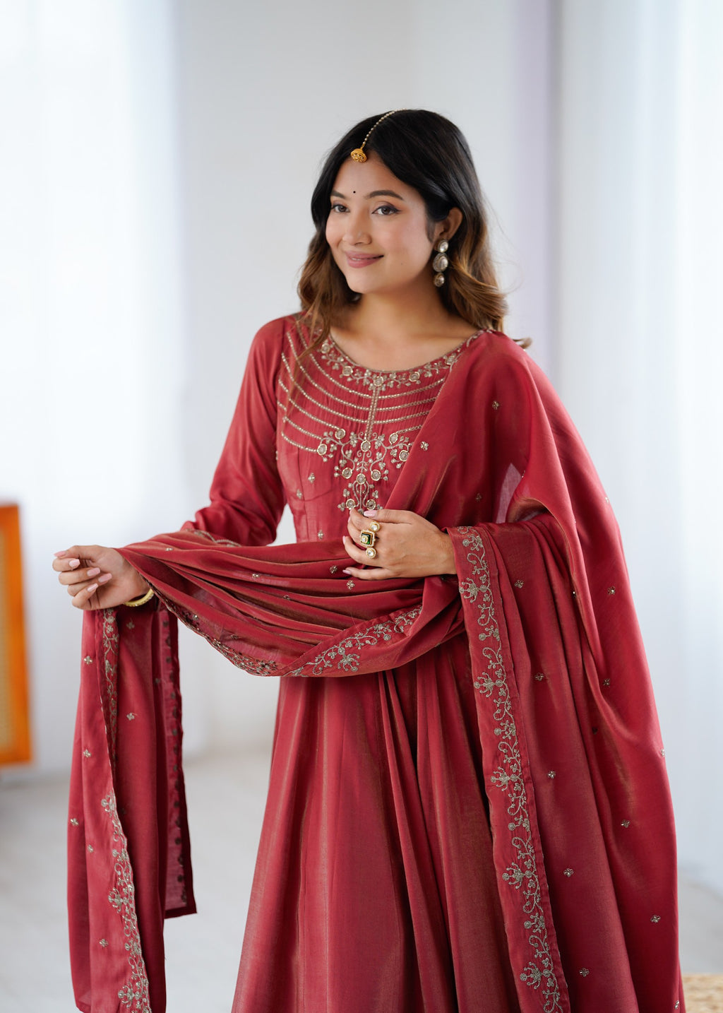Maroon Chanderi Silk Anarkali Set with Handwork Beads