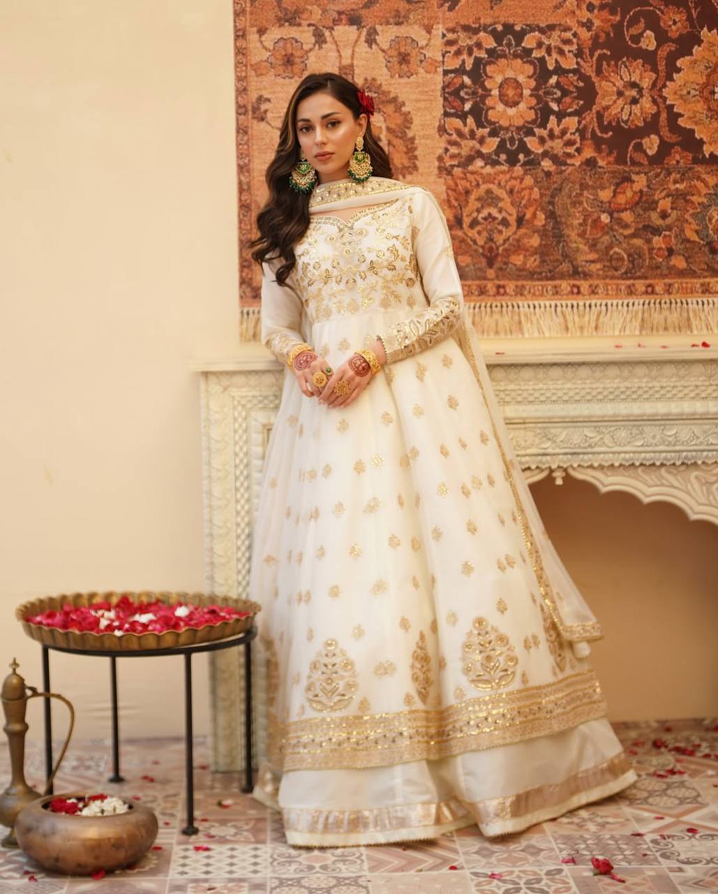 Stunning White Festive Wear Lehenga Gown With Gota Patti and Fancy Lace