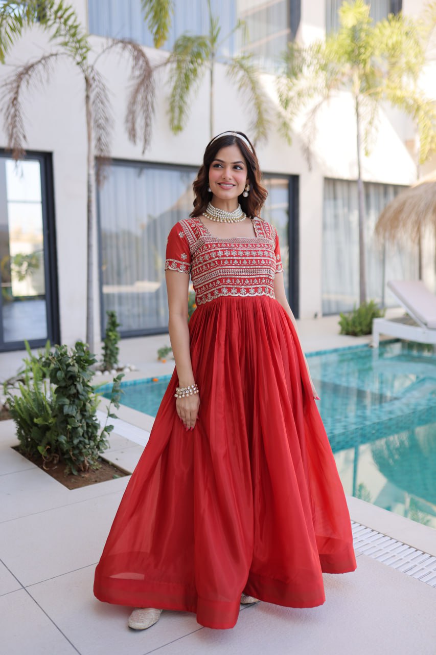 Anarkali Gown with Sequins, Zari Work