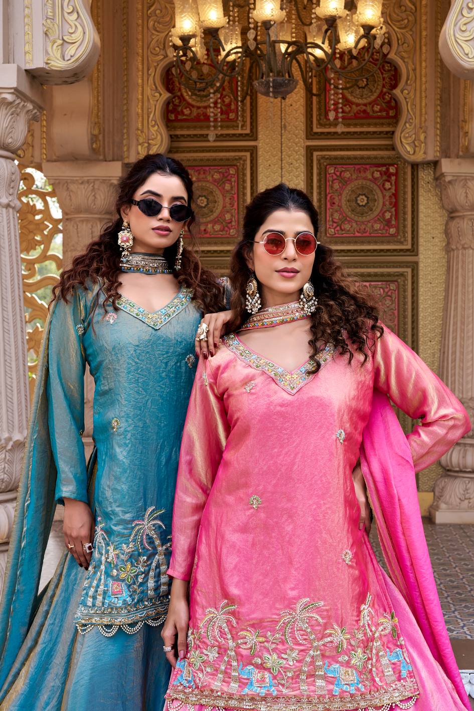 Pink & Blue Pure Fendy Kurti Lehenga with Moti Embroidery & Dupatta Set