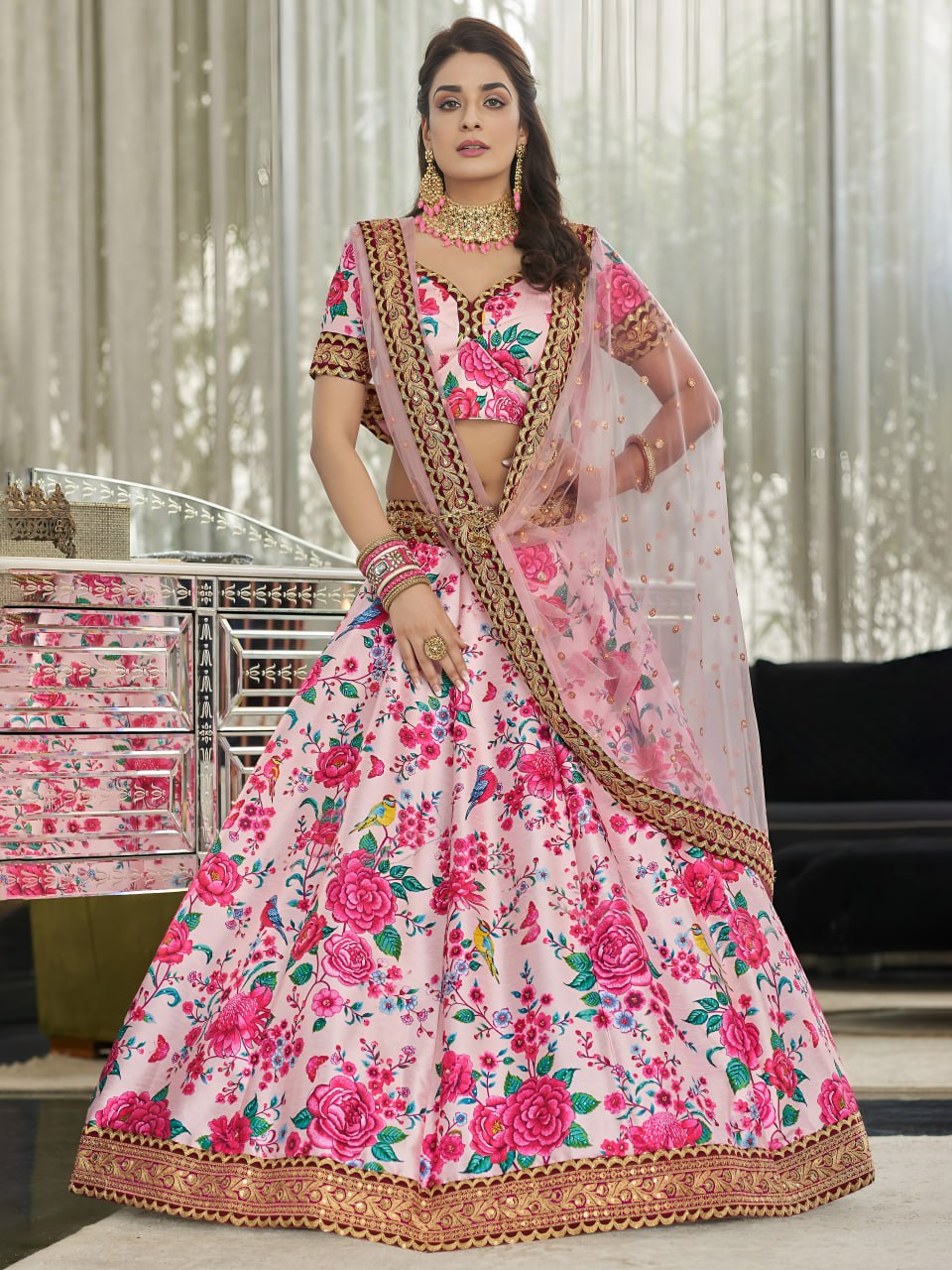 Blush Pink Floral Printed Lehenga with Designer Blouse & Net Dupatta