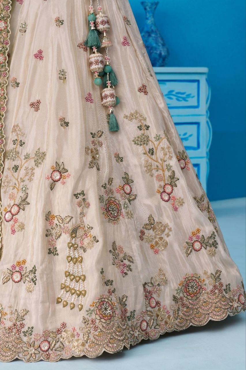 Cream Tissue Sequins Embroidered Lehenga And Blouse With Dupatta