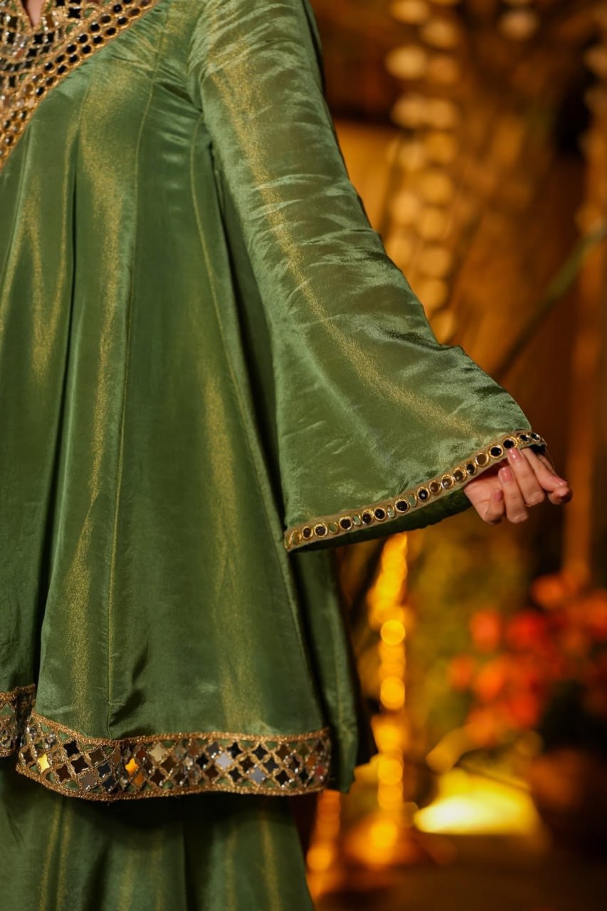 Women Embroidered Panelled Mirror Work Dupion Silk Kurta with Palazzos & With Dupatta