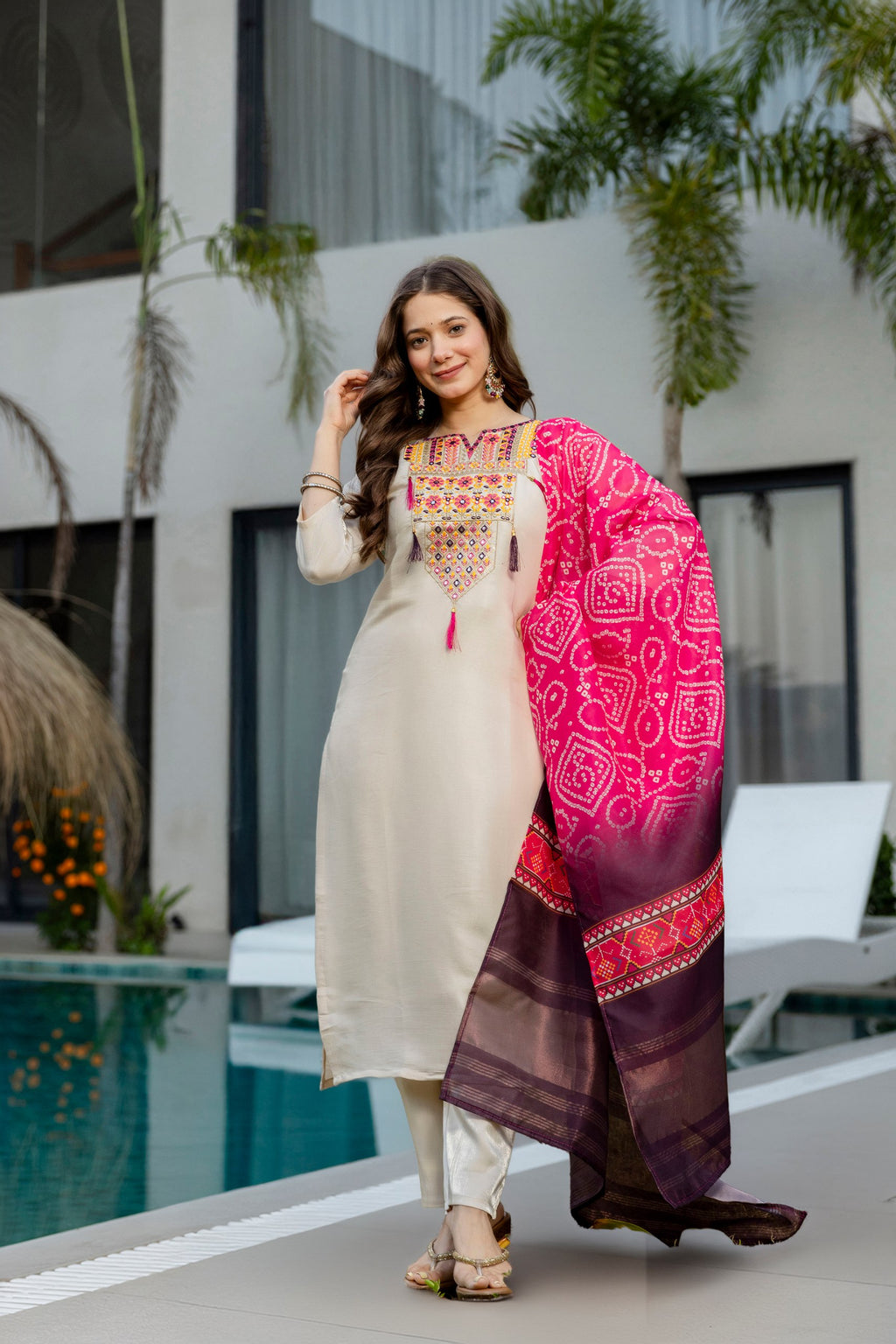 Sophisticated Cream Viscose Shimmer Embroidered Printed Straight Pant Suit After Six Wear
