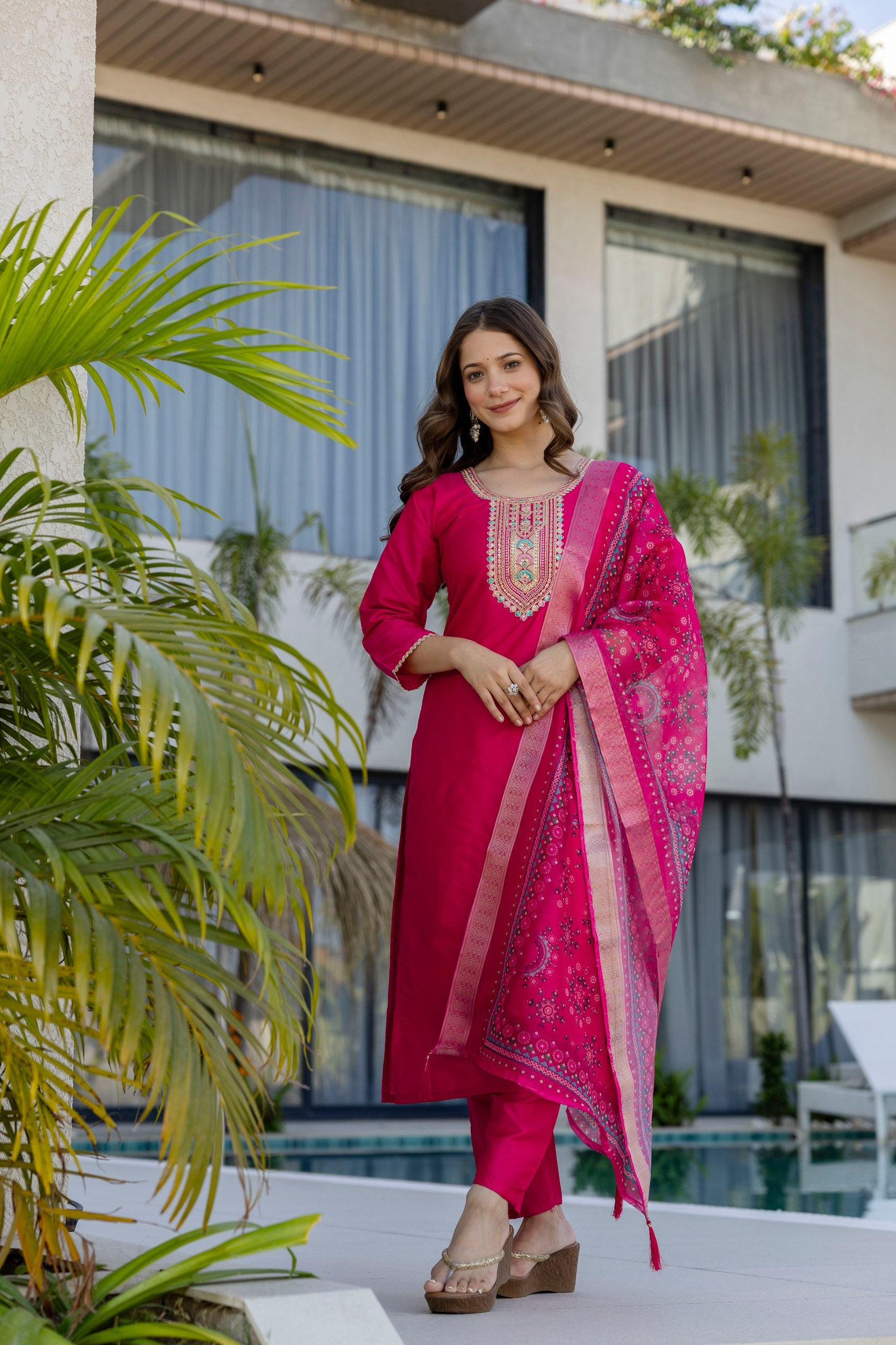 Women Ethnic Motifs Embroidered Regular Thread Work Chanderi Cotton Kurta with Trousers & With Dupatta