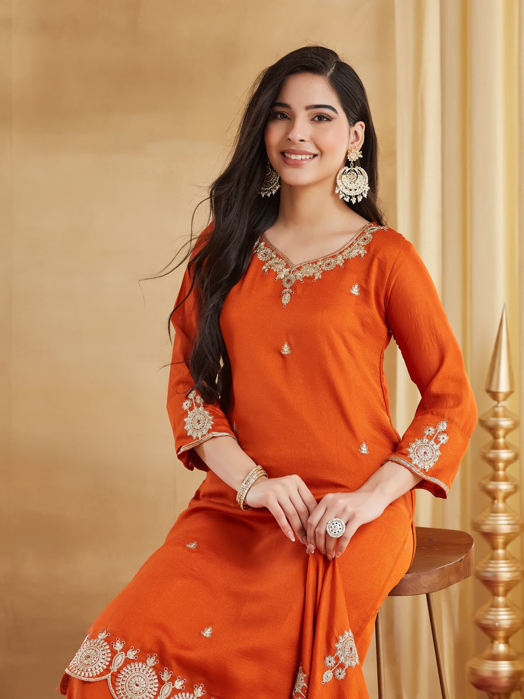Women Ethnic Motifs Embroidered Regular Thread Work Dupion Silk Kurta with Palazzos