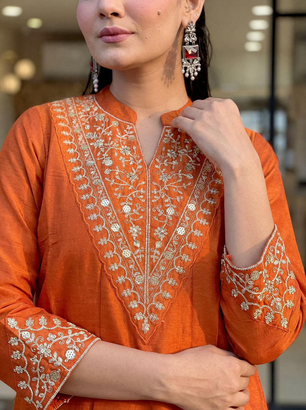 Embroidered Regular Sequinned Chanderi Silk Kurta with Palazzo & Dupatta
