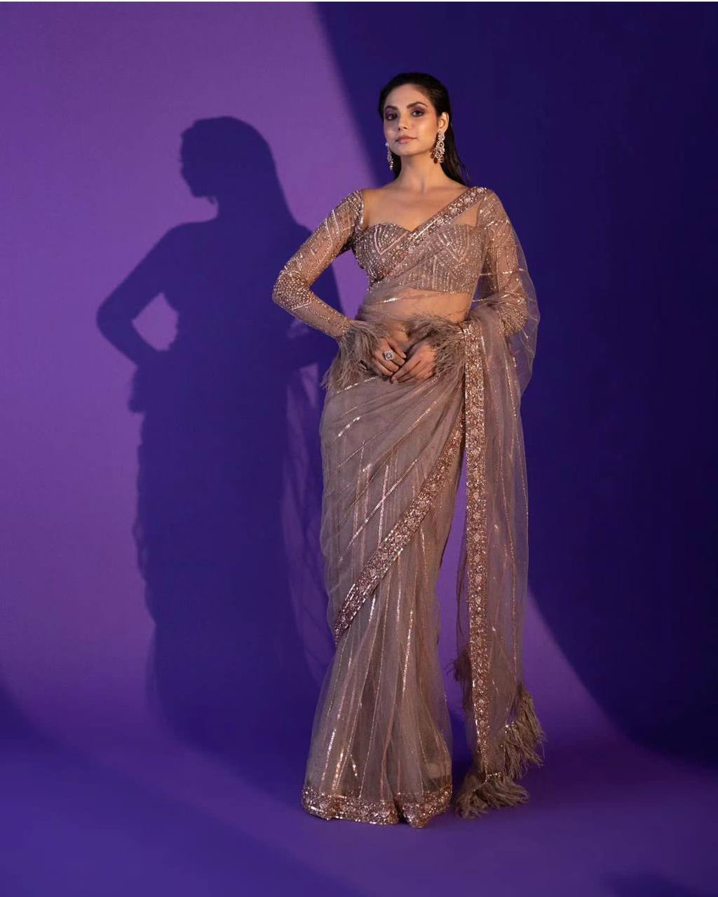 Grey Color Bollywood Saree in Soft Mono Net With Sequence Work Indian Sari