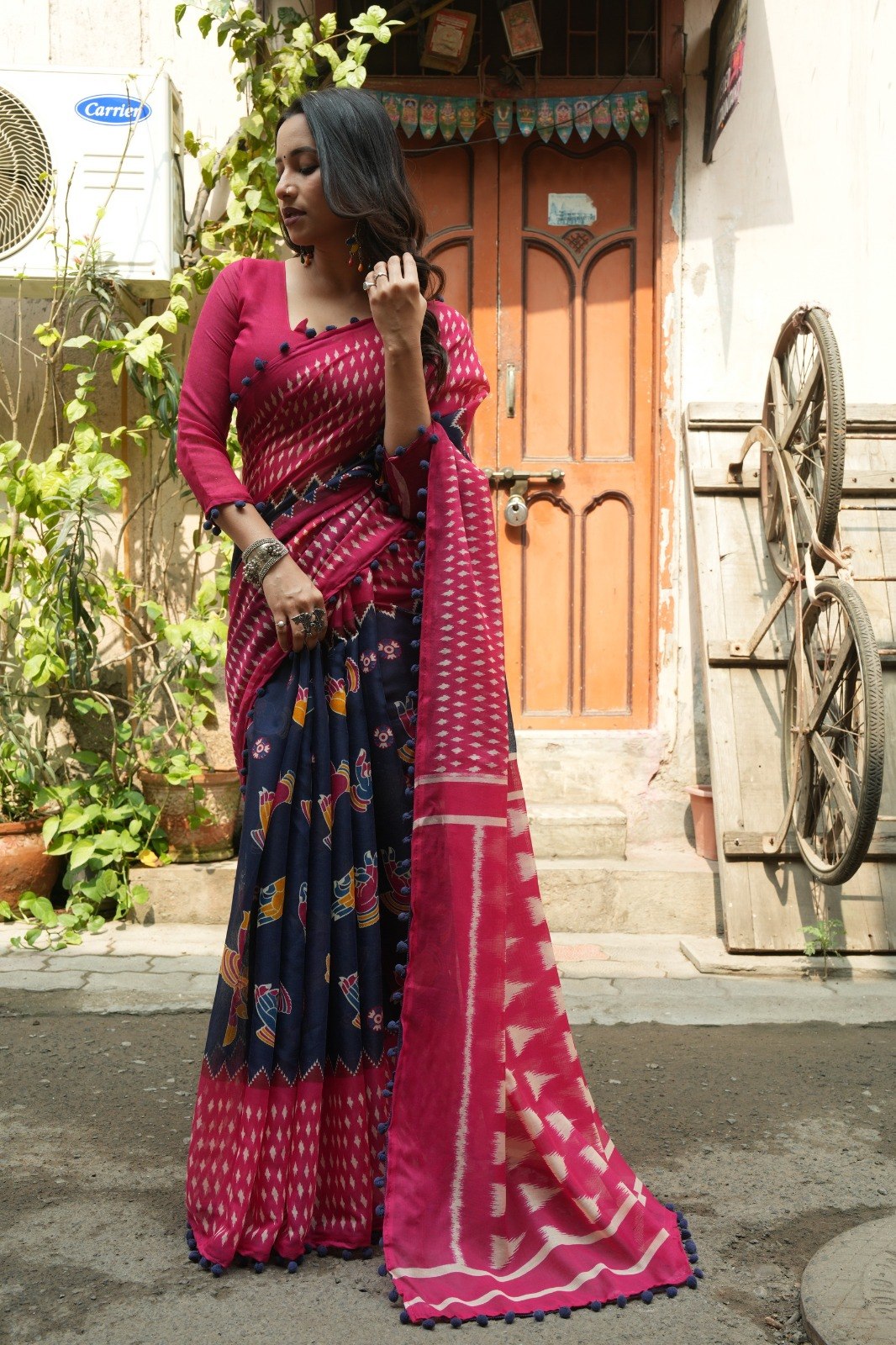 NAVY SOFT MUL COTTON IKKAT PRINT SAREE