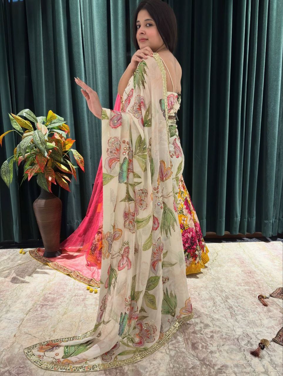 Floral Sequinned Silk Blend Saree