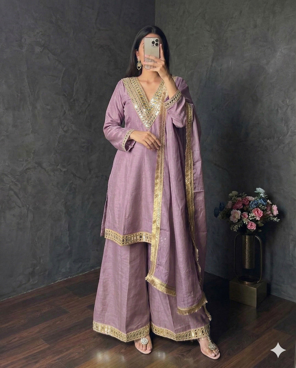 Shimmer Silk Mirror Work 3Pc Designer Kurti Pant Dupatta Set