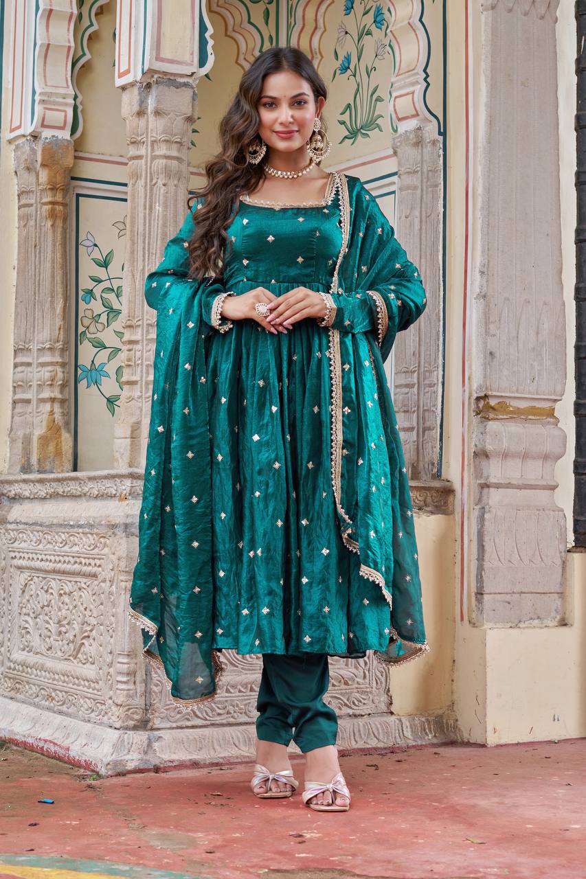 Embroidered Art Silk Anarkali Suit in Teal Blue