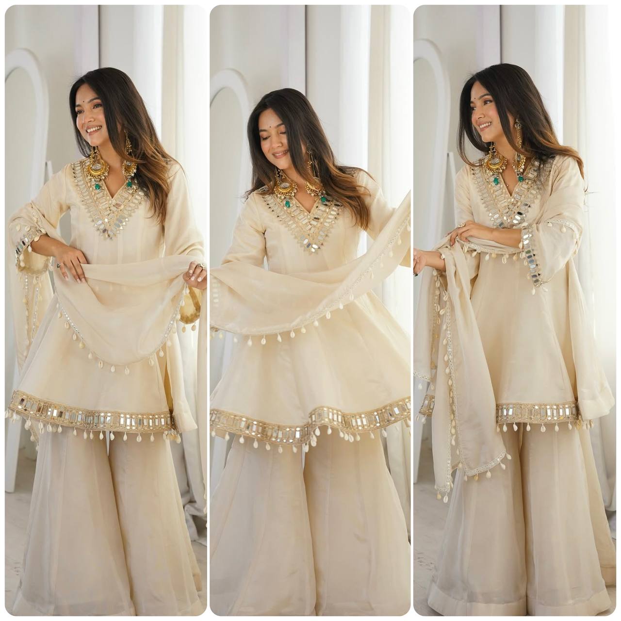 Premium Real Mirror Work Chinon Plazzo Set with Kodi Lace Dupatta for Festive and Party Wear