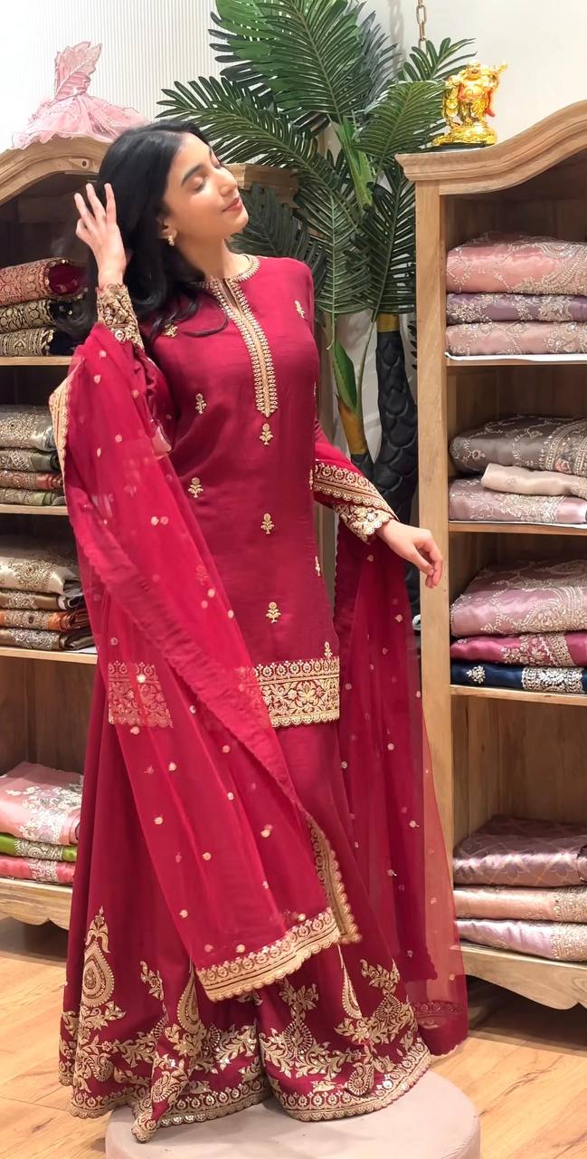 Super Red Natural Crap Embroider Work Salwar Suit