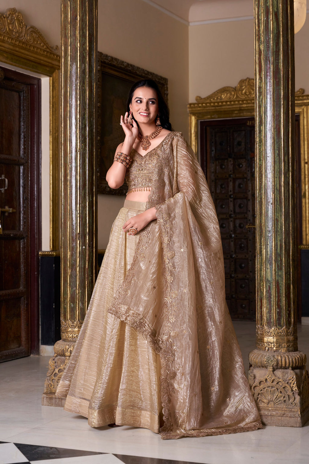 Chikoo Color Gold Crush Lehenga Choli