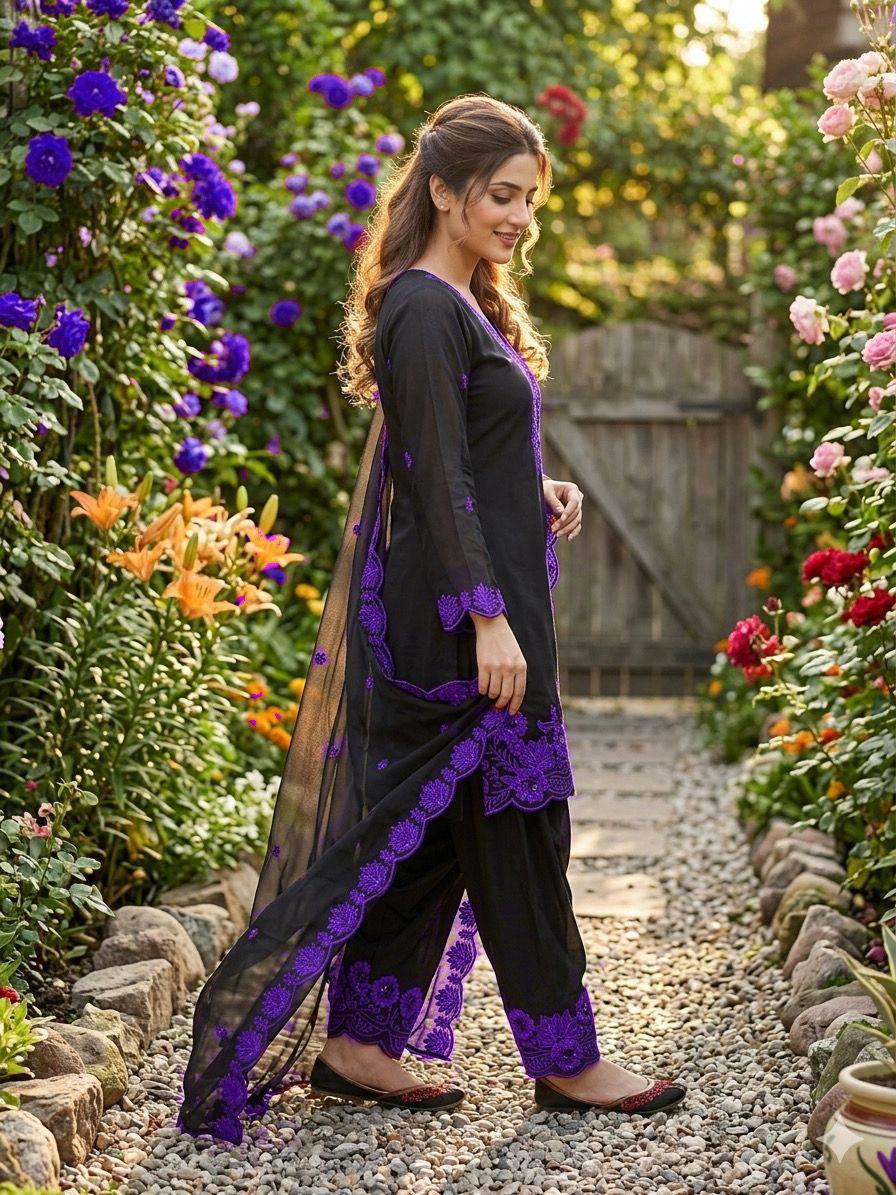 REAL MODLING THIS SEASON WEAR OUR SEQUENCE EMBROIDERY WORKED TOP, FARSI SALWAAR WITH DUPATTA