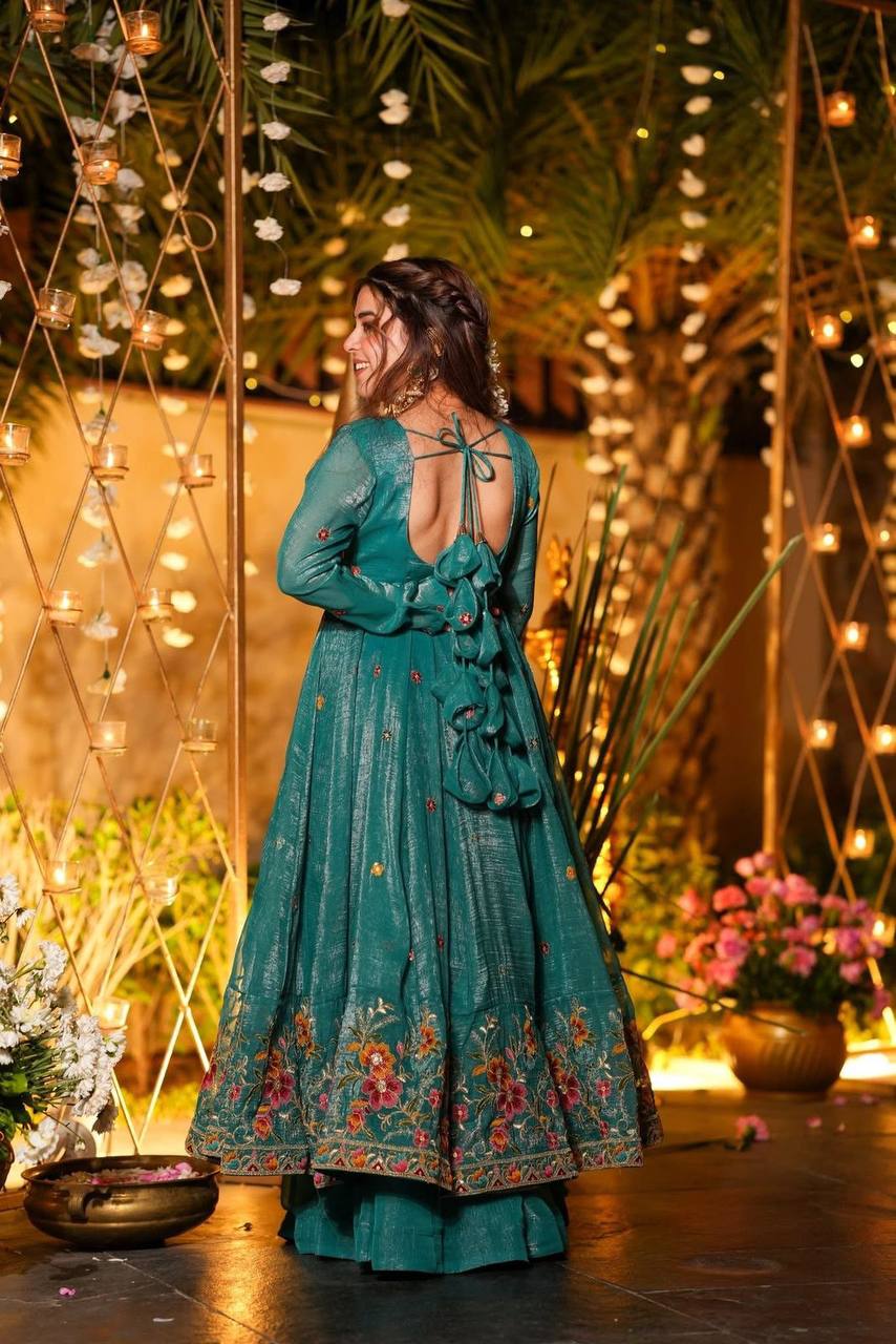 Rama Designer Soft Crunchy Silk Embroidered Gown Set with Sequins Work & Matching Dupatta – Fully Stitched Party & Festive Wear