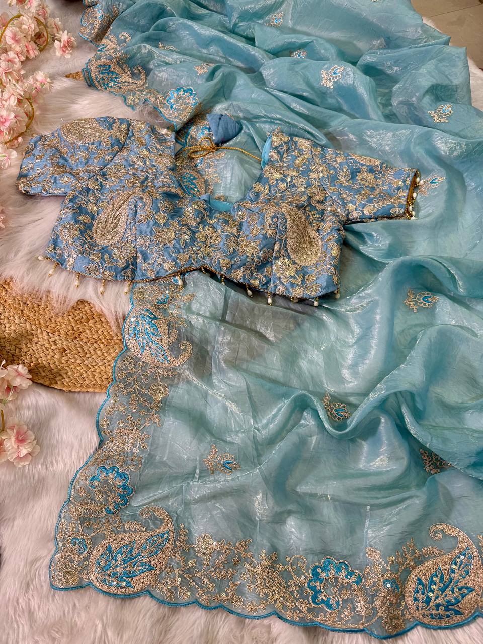 Sky Elegant Crystal Crush Tissue Saree