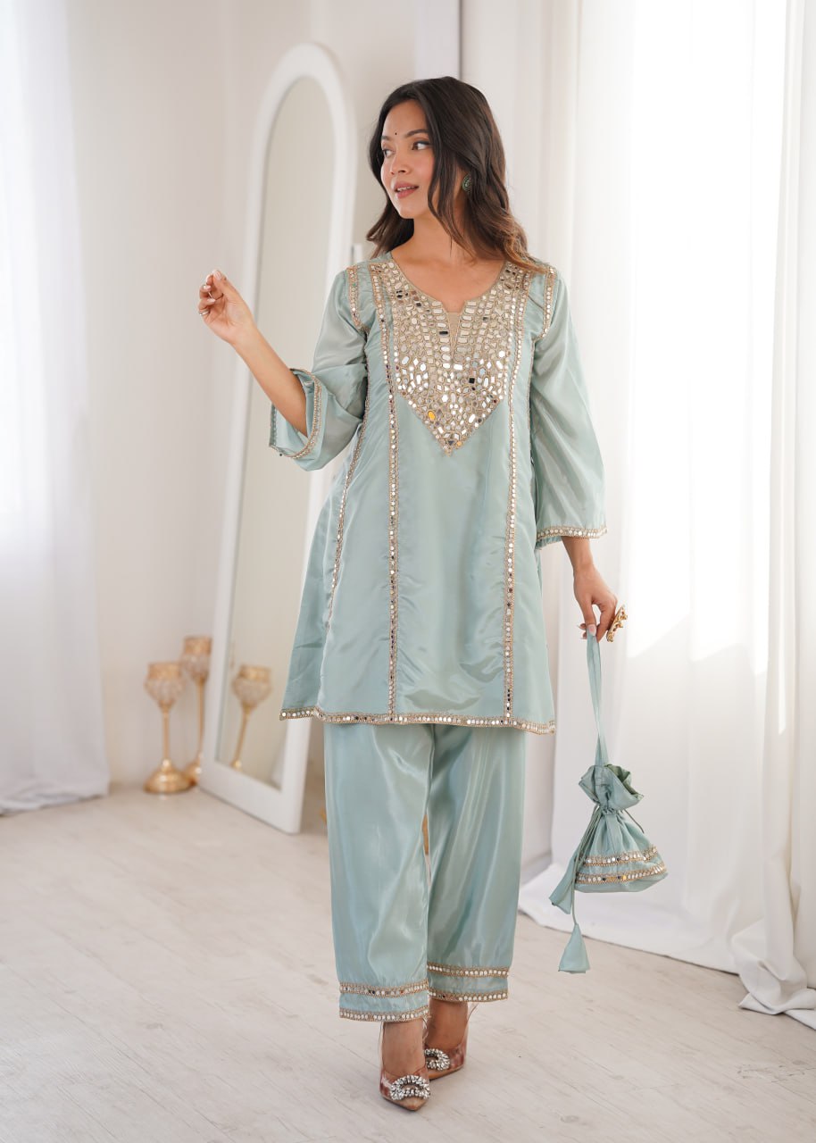 New Sky Blue Mirror Work Kurti Pant Set & Batwa