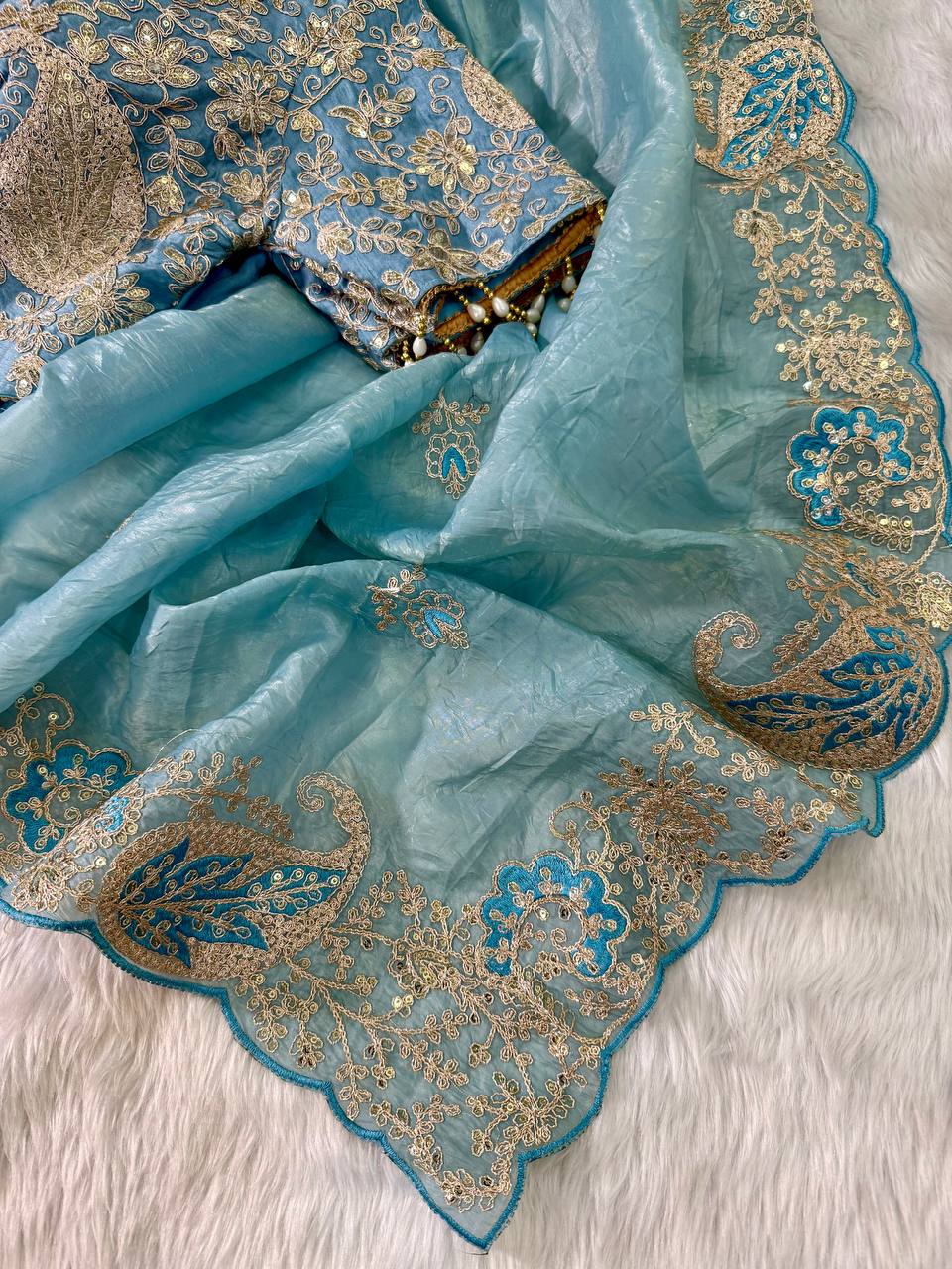 Sky Elegant Crystal Crush Tissue Saree