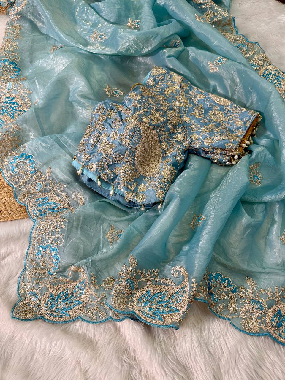 Sky Elegant Crystal Crush Tissue Saree