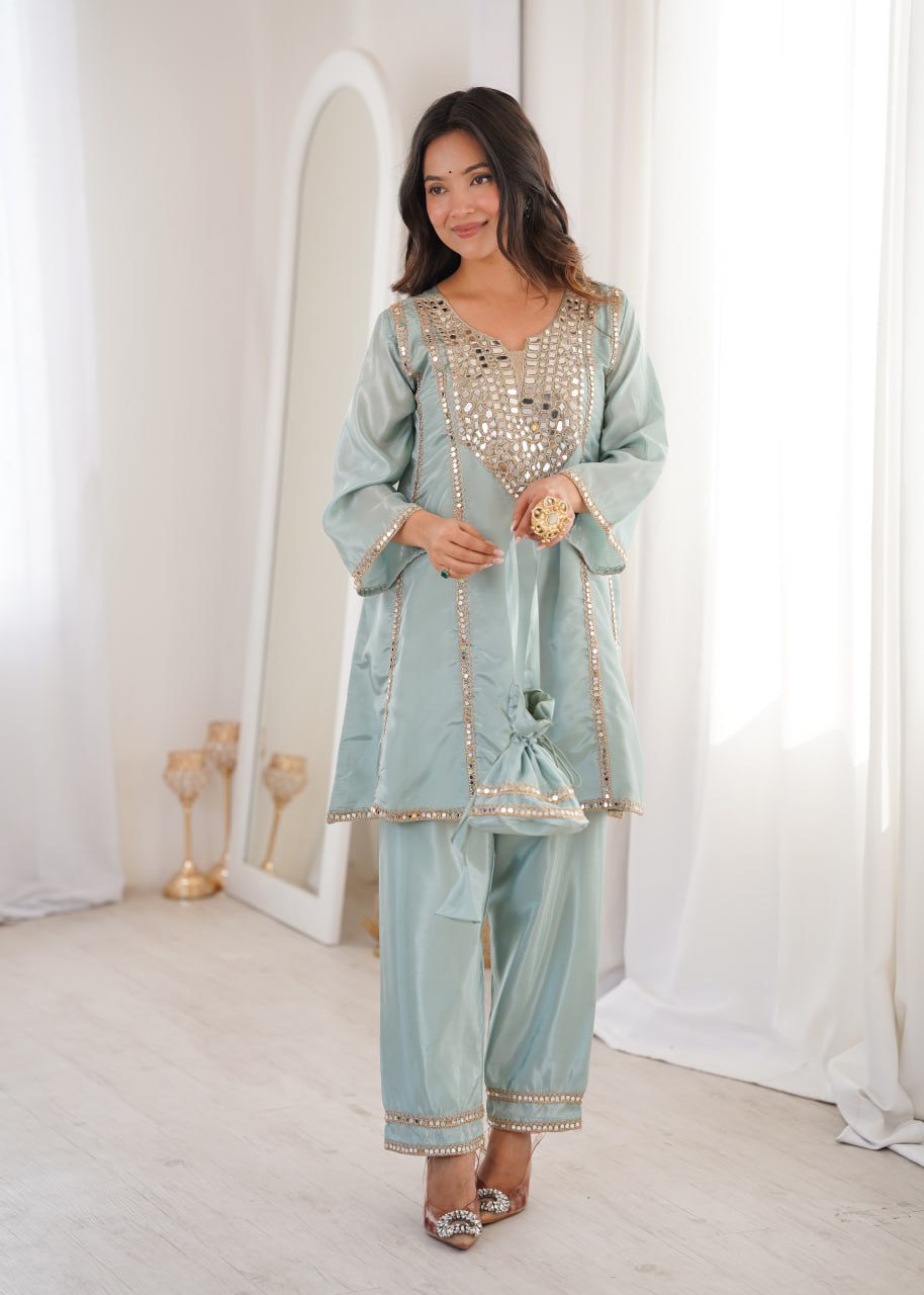 New Sky Blue Mirror Work Kurti Pant Set & Batwa