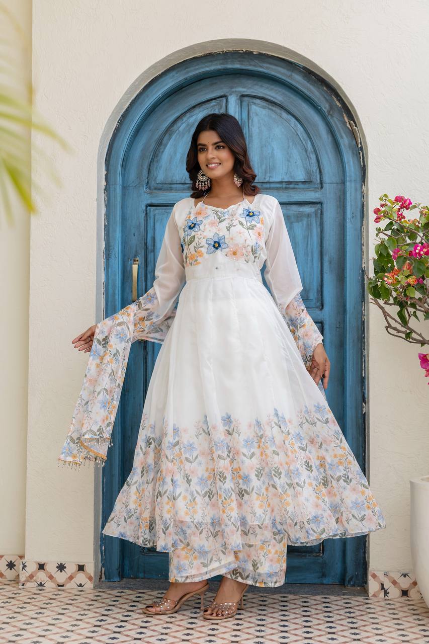 WOMEN'S WHITE COLOUR CHIFFON ANARKALI KURTA PALAZZO AND DUPPTTA SET